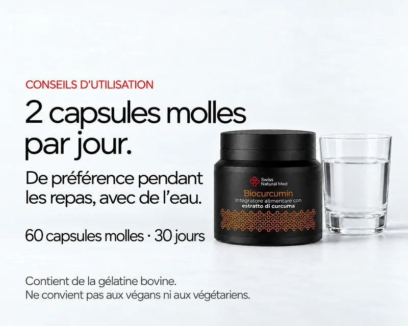 Biocurcumin : 2 capsules molles par jour. De préférence pendant les repas, avec de l’eau. 60 capsules molles · 30 jours Contient de la gélatine bovine. Ne convient pas aux végans ni aux végétariens.