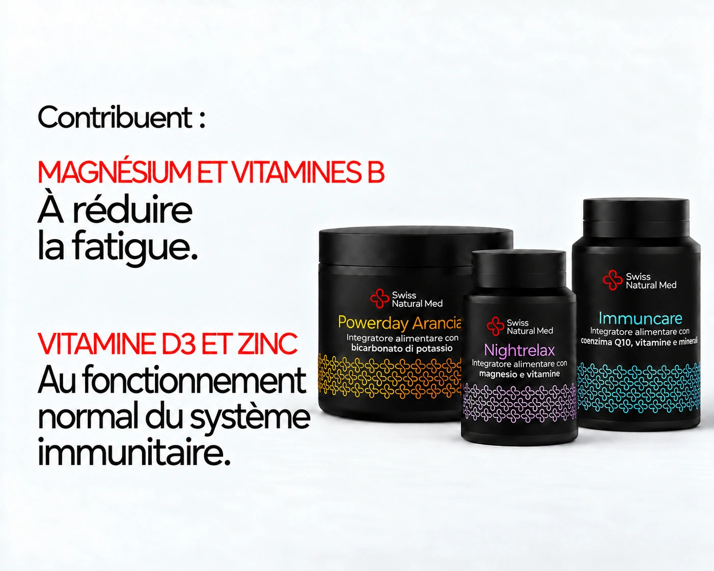 Day-Up : le magnésium et les vitamines B contribuent à réduire la fatigue. La vitamine D3 et le zinc contribuent au fonctionnement normal du système immunitaire.