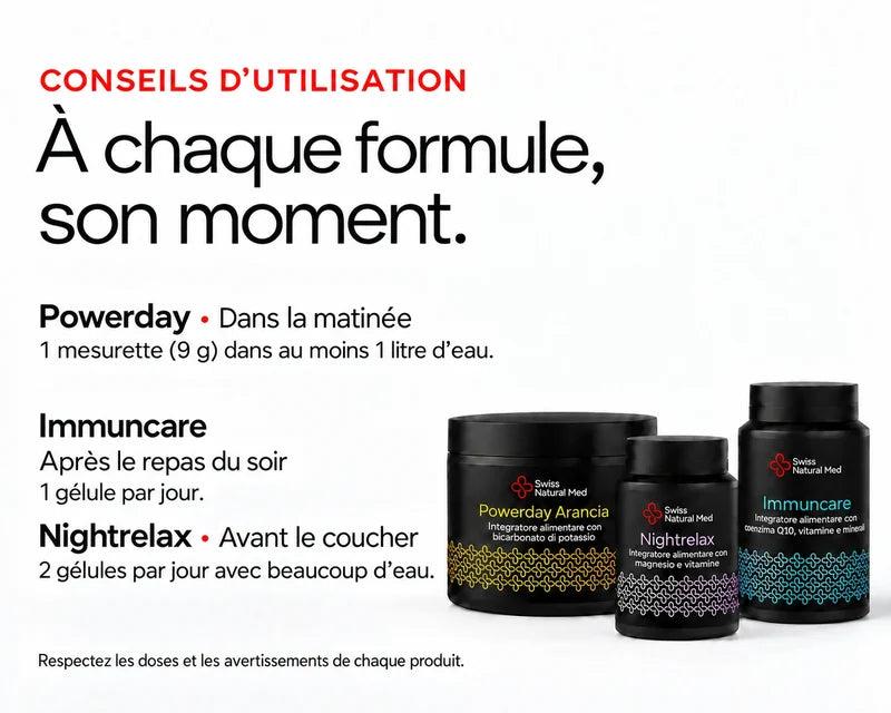 Day-Up : À chaque formule, son moment. Powerday • Dans la matinée 1 mesurette (9 g) dans au moins 1 litre d’eau. Immuncare • Après le repas du soir 1 gélule par jour. Nightrelax • Avant le coucher 2 gélules par jour avec beaucoup d’eau. Respectez les doses et les avertissements de chaque produit.