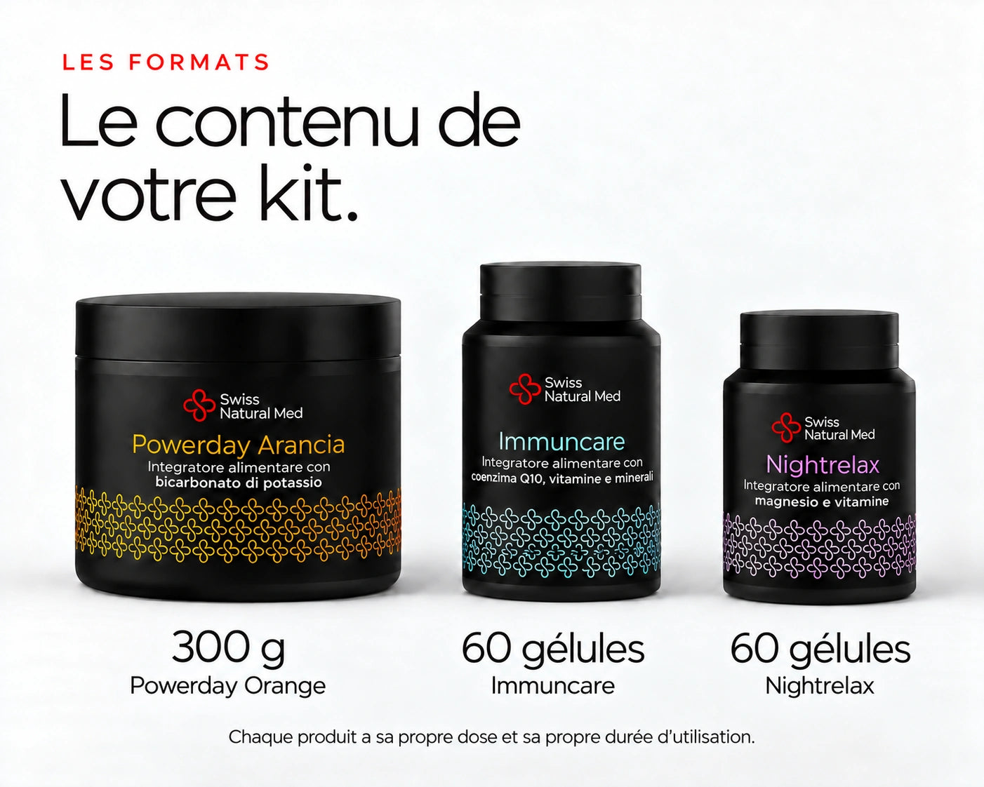 Day-Up : Le contenu de votre kit. 300 g Powerday Orange 60 gélules Immuncare 60 gélules Nightrelax Chaque produit a sa propre dose et sa propre durée d’utilisation.