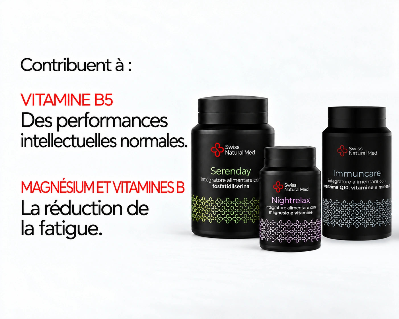 Focus-Up : Contribuent à : VITAMINE B5 Des performances intellectuelles normales. MAGNÉSIUM ET VITAMINES B La réduction de la fatigue.
