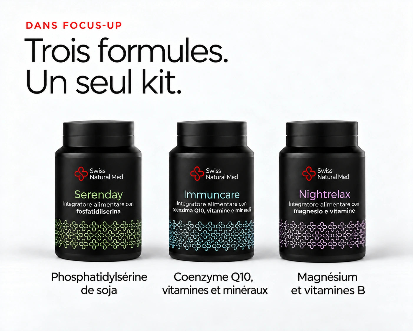 Focus-Up : Trois formules. Un seul kit. Phosphatidylsérine de soja Coenzyme Q10, vitamines et minéraux Magnésium et vitamines B