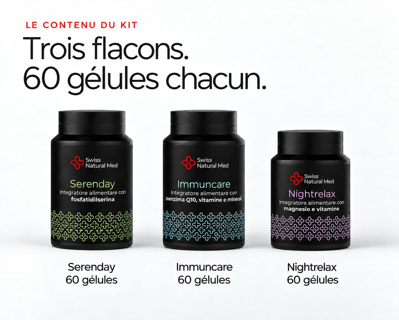 Focus-Up : Trois flacons. 60 gélules chacun. Serenday 60 gélules Immuncare 60 gélules Nightrelax 60 gélules