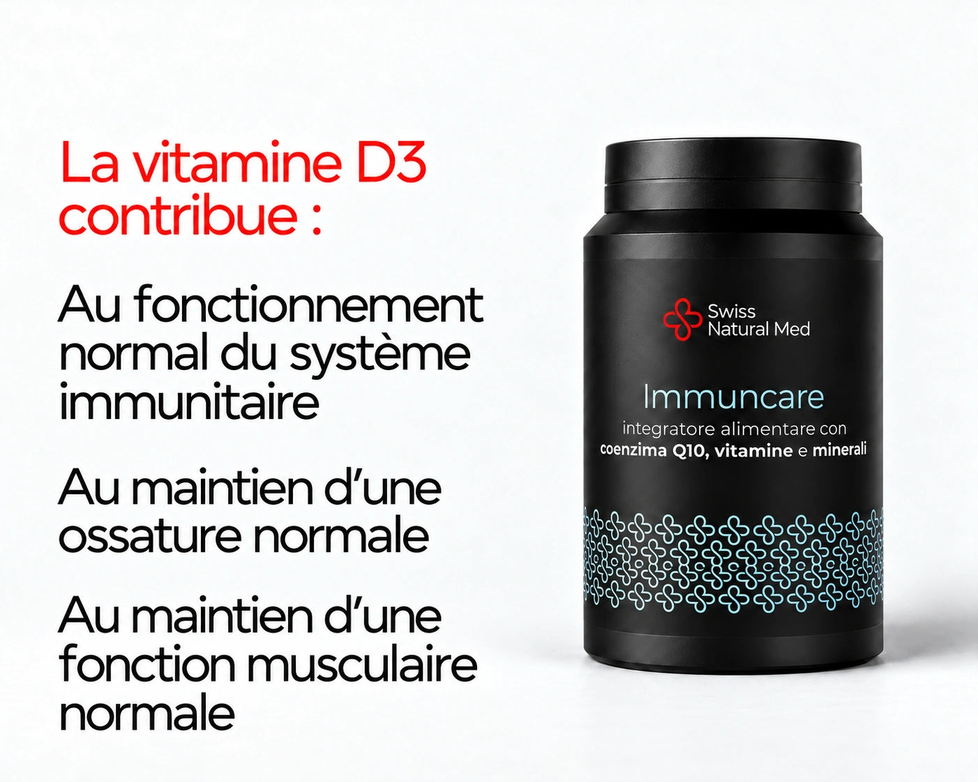 Immuncare : La vitamine D3 contribue : Au fonctionnement normal du système immunitaire Au maintien d’une ossature normale Au maintien d’une fonction musculaire normale