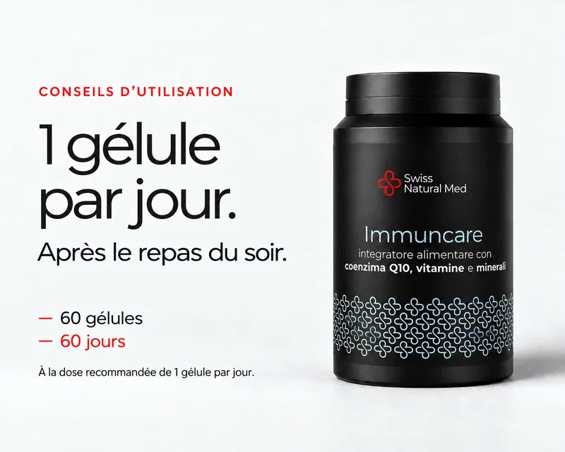Immuncare : 1 gélule par jour. Après le repas du soir. 60 gélules 60 jours À la dose recommandée de 1 gélule par jour.