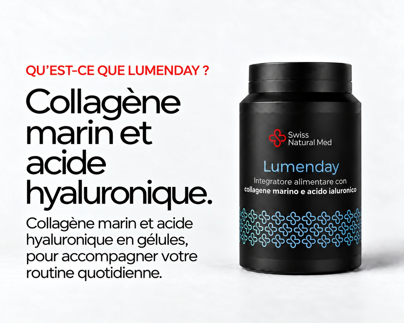 Lumenday : Collagène marin et acide hyaluronique. Collagène marin et acide hyaluronique en gélules, pour accompagner votre routine quotidienne.
