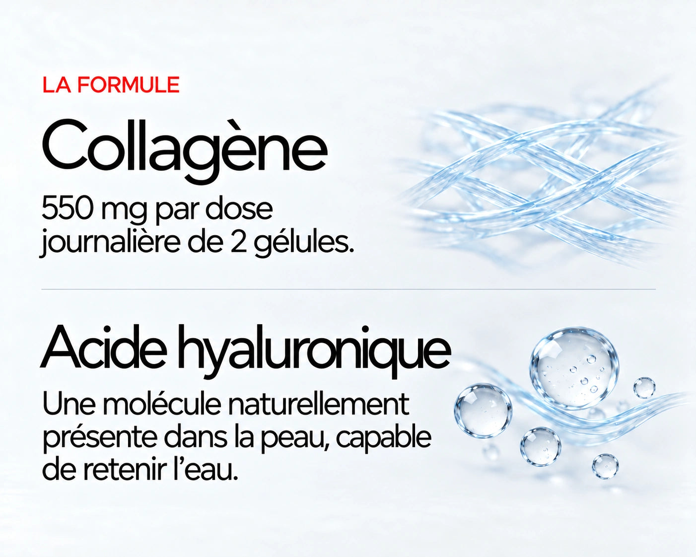 Lumenday : Collagène 550 mg par dose journalière de 2 gélules. Acide hyaluronique Une molécule naturellement présente dans la peau, capable de retenir l’eau.