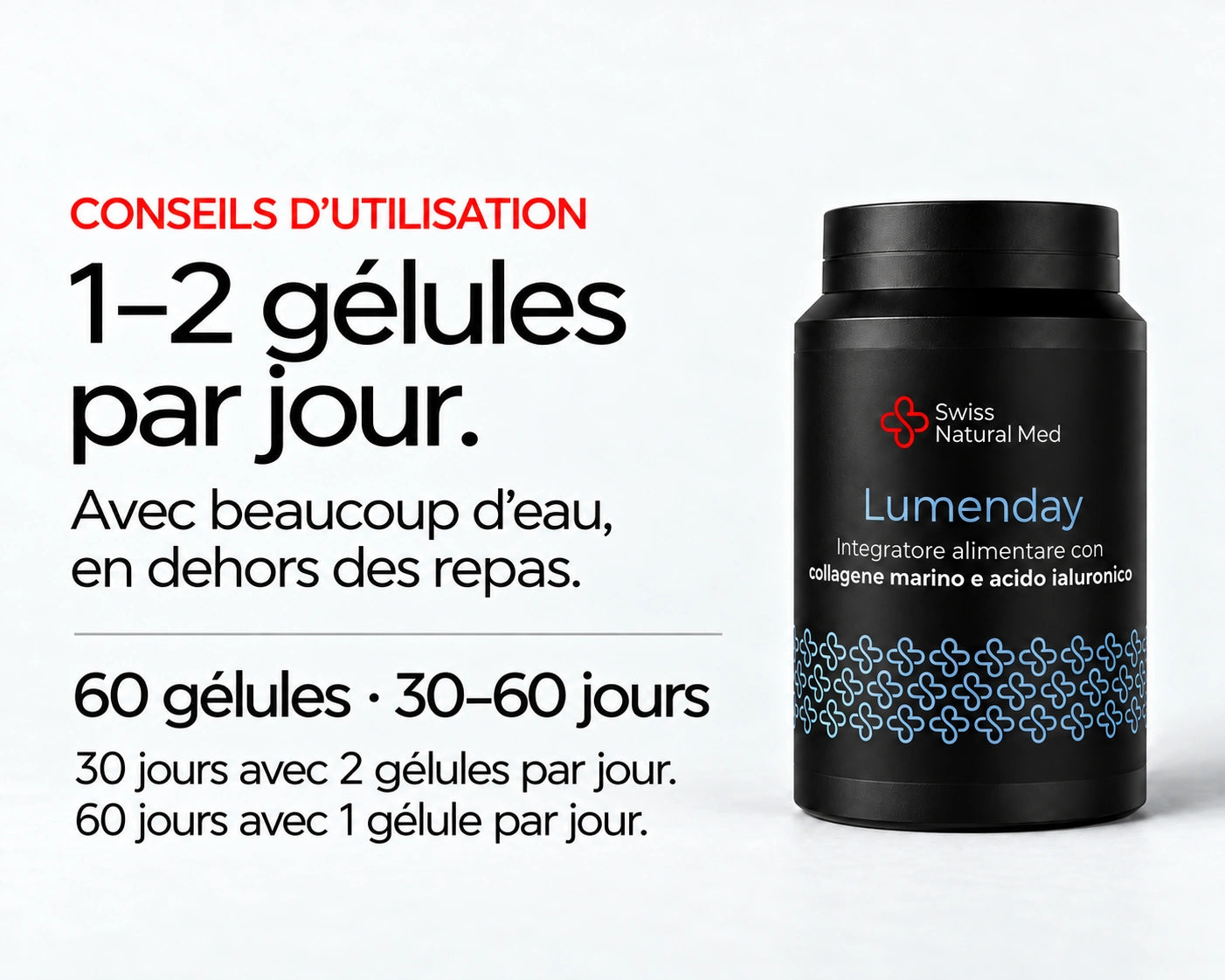 Lumenday : 1–2 gélules par jour. Avec beaucoup d’eau, en dehors des repas. 60 gélules · 30–60 jours 30 jours avec 2 gélules par jour. 60 jours avec 1 gélule par jour.
