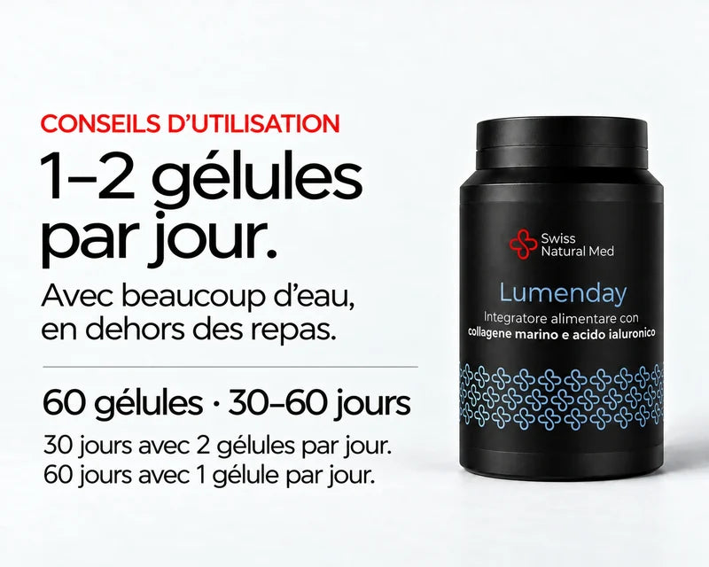 Lumenday : 1–2 gélules par jour. Avec beaucoup d’eau, en dehors des repas. 60 gélules · 30–60 jours 30 jours avec 2 gélules par jour. 60 jours avec 1 gélule par jour.