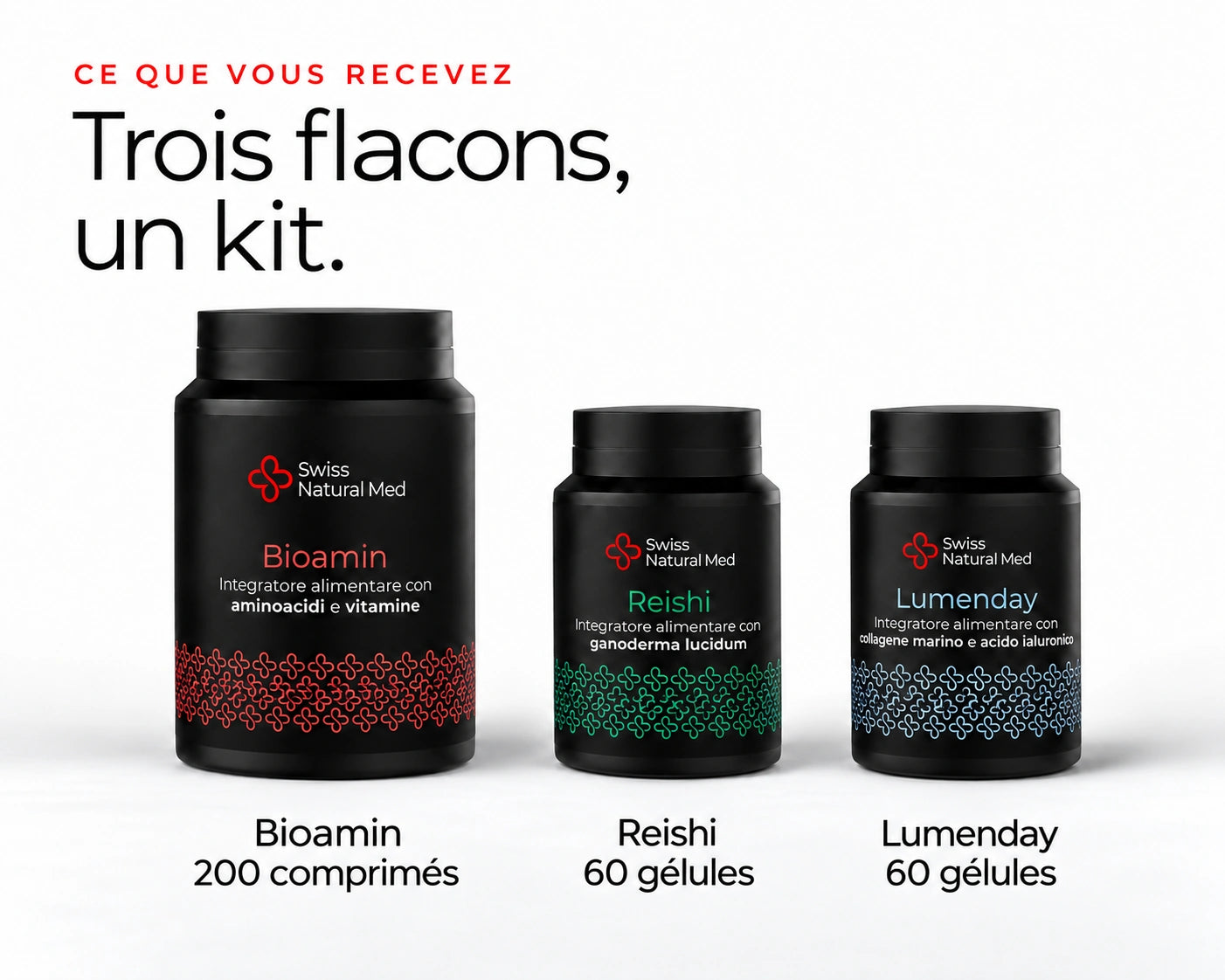 Perform-Up : Trois flacons, un kit. Bioamin 200 comprimés Reishi 60 gélules Lumenday 60 gélules