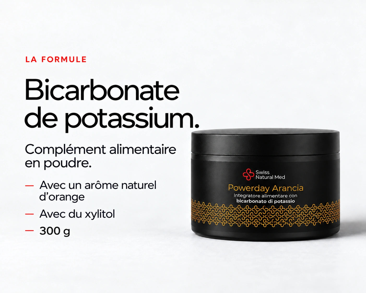 Powerday Orange : Bicarbonate de potassium. Complément alimentaire en poudre. Avec un arôme naturel d’orange Avec du xylitol 300 g