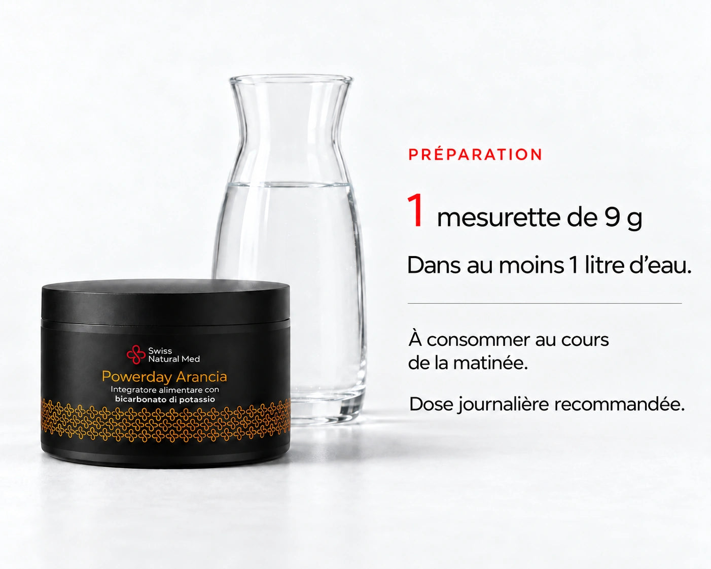 Powerday Orange : 1 mesurette de 9 g Dans au moins 1 litre d’eau. À consommer au cours de la matinée. Dose journalière recommandée.