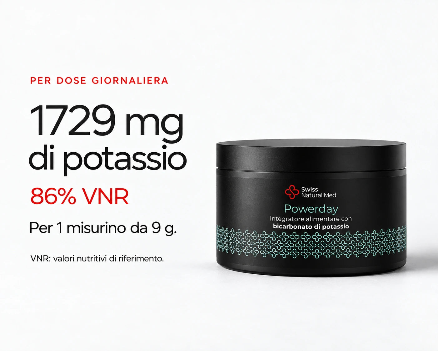 Powerday Neutro: 1729 mg di potassio, 86% VNR, per dose giornaliera da 9 g.