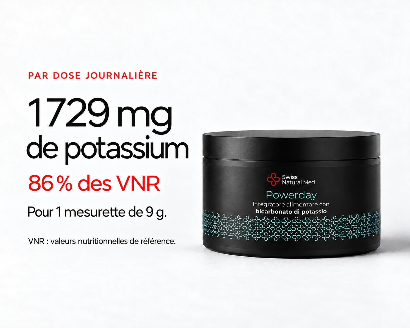 Powerday Neutro : 1 729 mg de potassium 86 % des VNR Pour 1 mesurette de 9 g. VNR : valeurs nutritionnelles de référence.