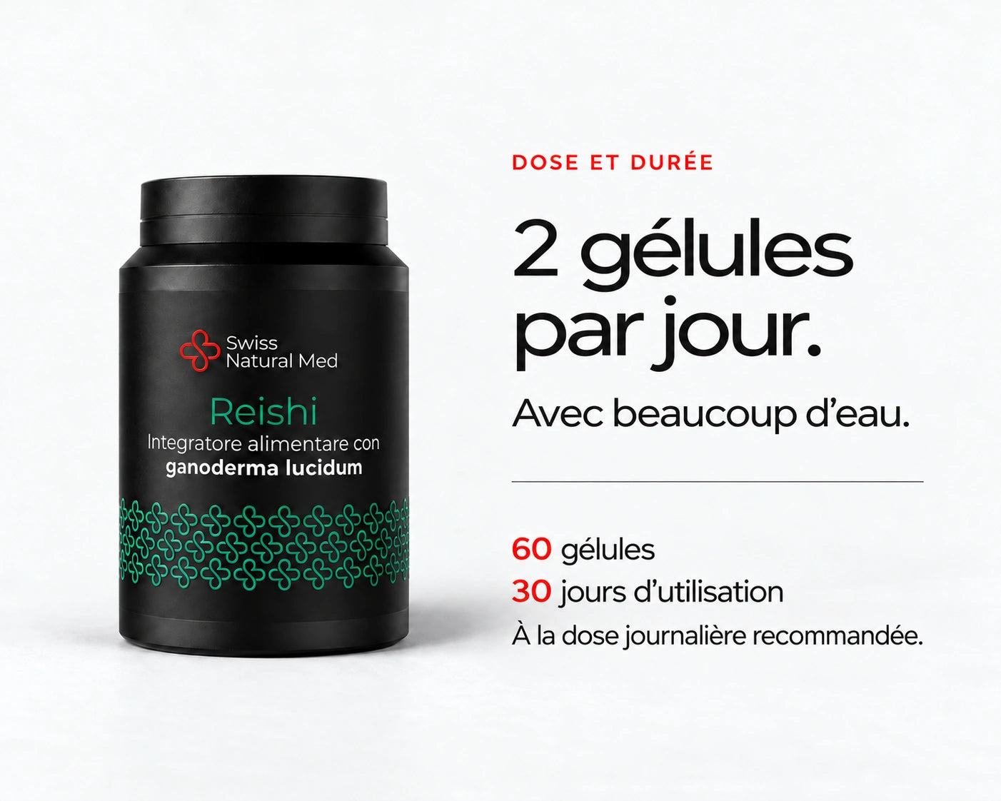 Reishi : 2 gélules par jour. Avec beaucoup d’eau. 60 gélules 30 jours d’utilisation À la dose journalière recommandée.
