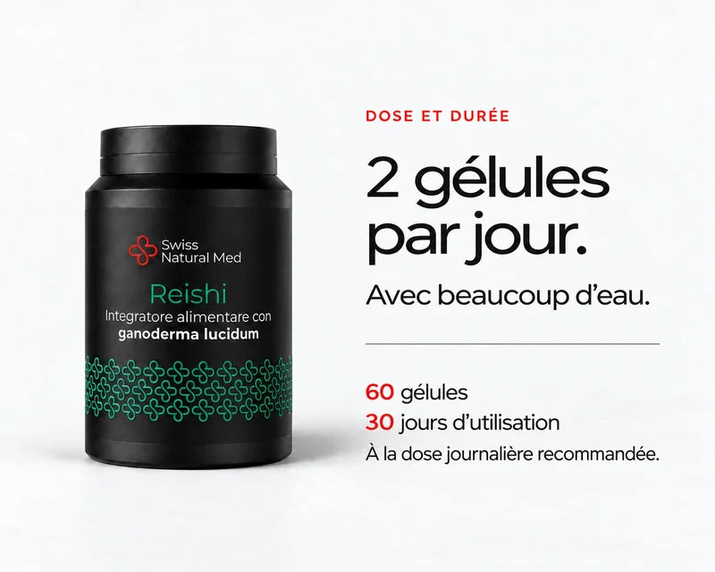 Reishi : 2 gélules par jour. Avec beaucoup d’eau. 60 gélules 30 jours d’utilisation À la dose journalière recommandée.