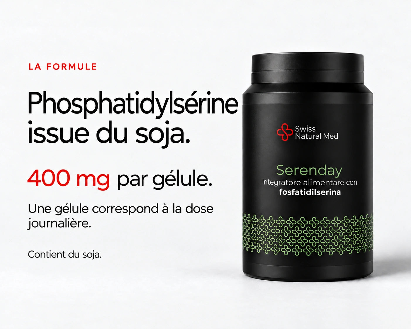 Serenday : Phosphatidylsérine issue du soja. 400 mg par gélule. Une gélule correspond à la dose journalière. Contient du soja.