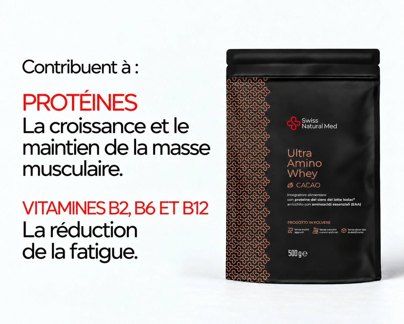 Ultra Amino Whey Cacao : Contribuent à : PROTÉINES La croissance et le maintien de la masse musculaire. VITAMINES B2, B6 ET B12 La réduction de la fatigue.