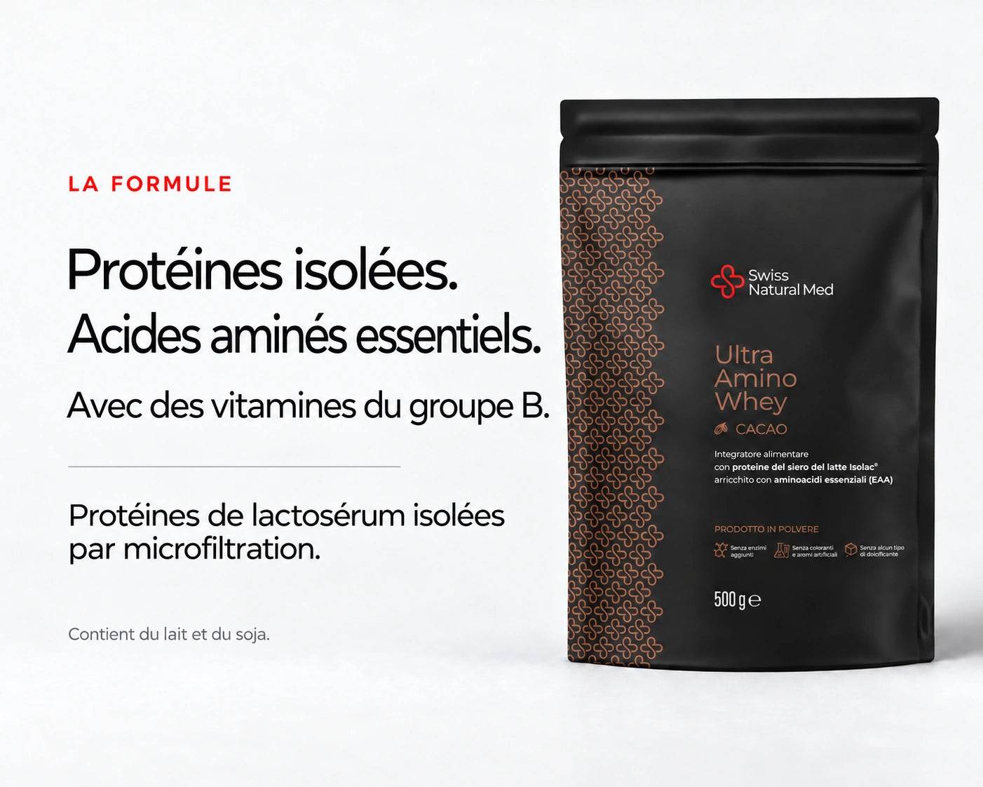 Ultra Amino Whey Cacao : Protéines isolées. Acides aminés essentiels. Avec des vitamines du groupe B. Protéines de lactosérum isolées par microfiltration. Contient du lait et du soja.