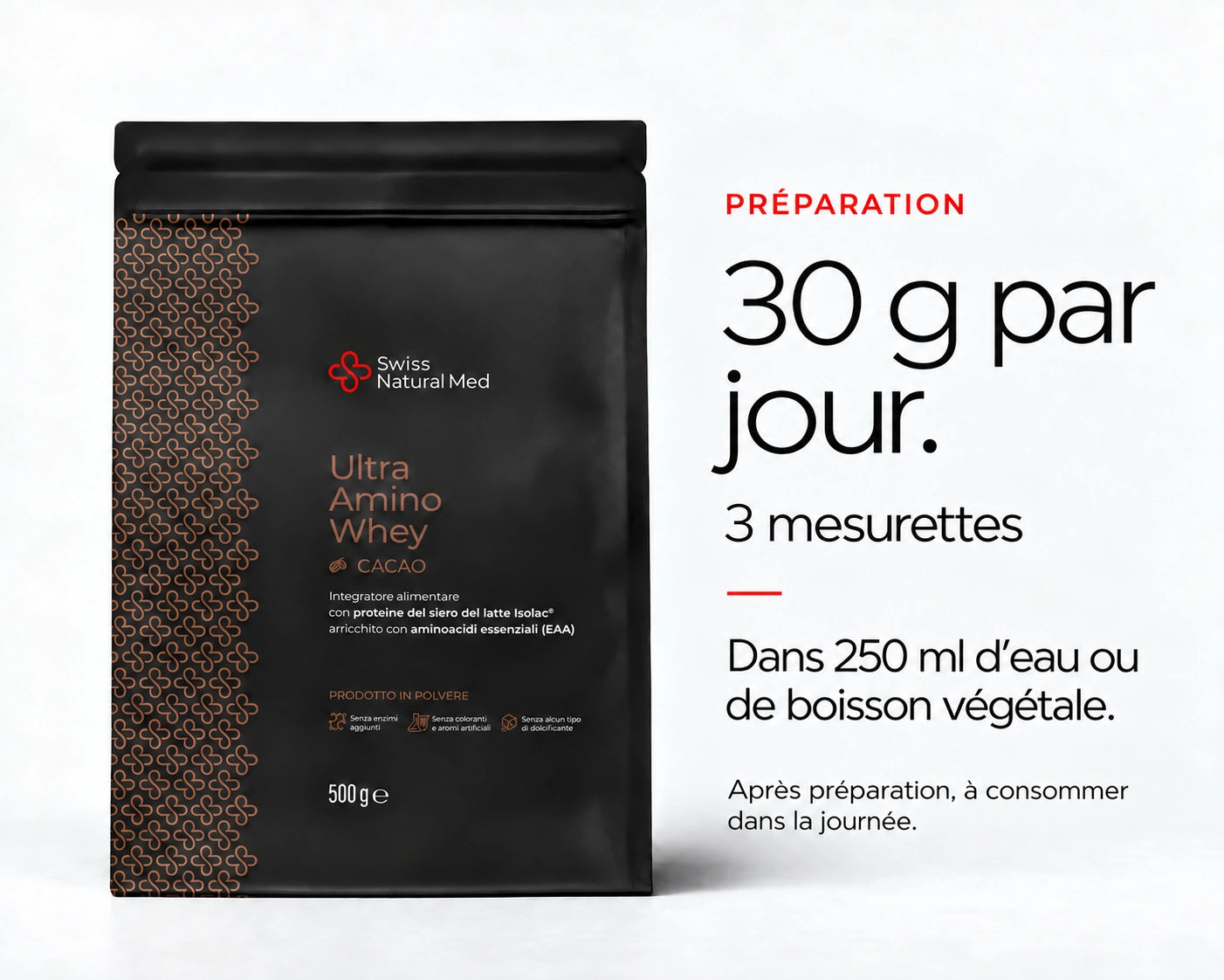 Ultra Amino Whey Cacao : 30 g par jour. 3 mesurettes Dans 250 ml d’eau ou de boisson végétale. Après préparation, à consommer dans la journée.