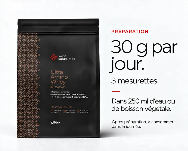Ultra Amino Whey Cacao : 30 g par jour. 3 mesurettes Dans 250 ml d’eau ou de boisson végétale. Après préparation, à consommer dans la journée.