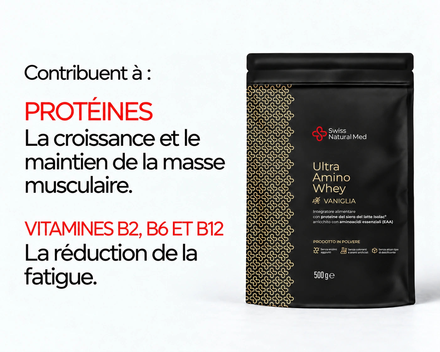 Ultra Amino Whey Vanille : Contribuent à : PROTÉINES La croissance et le maintien de la masse musculaire. VITAMINES B2, B6 ET B12 La réduction de la fatigue.