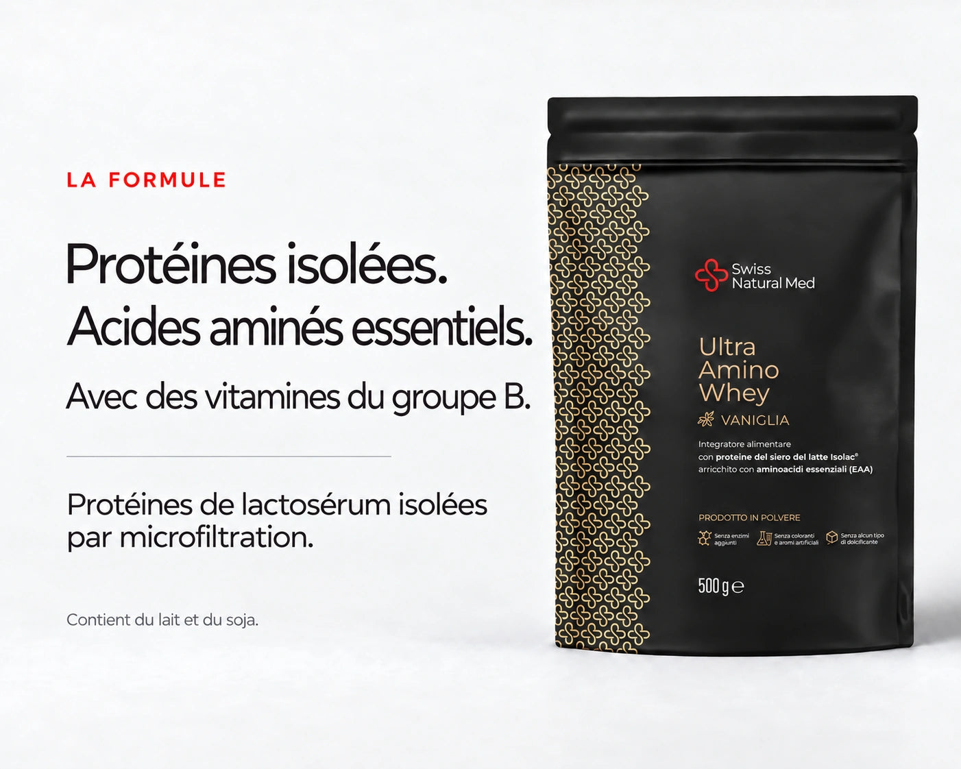 Ultra Amino Whey Vanille : Protéines isolées. Acides aminés essentiels. Avec des vitamines du groupe B. Protéines de lactosérum isolées par microfiltration. Contient du lait et du soja.