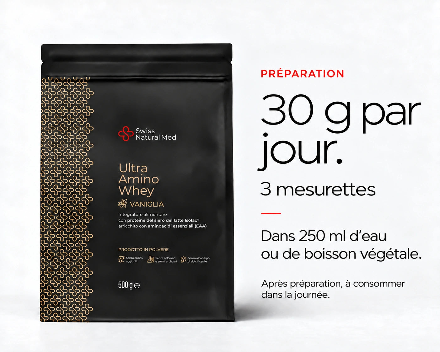 Ultra Amino Whey Vanille : 30 g par jour. 3 mesurettes Dans 250 ml d’eau ou de boisson végétale. Après préparation, à consommer dans la journée.