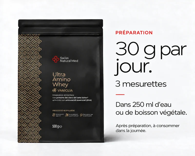 Ultra Amino Whey Vanille : 30 g par jour. 3 mesurettes Dans 250 ml d’eau ou de boisson végétale. Après préparation, à consommer dans la journée.