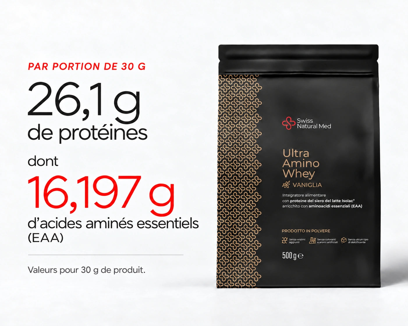 Ultra Amino Whey Vanille : 26,1 g de protéines dont 16,197 g d’acides aminés essentiels (EAA) Valeurs pour 30 g de produit.